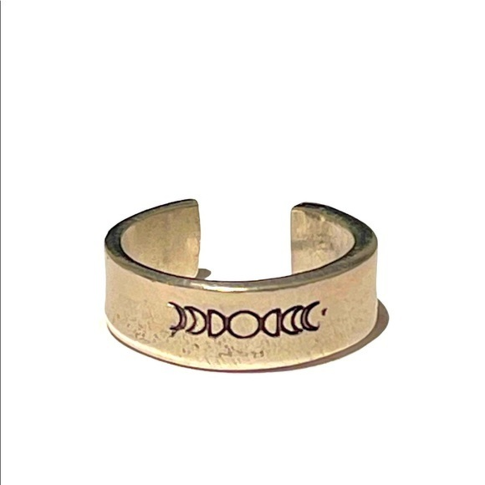 Handmade stamped 8 moon cycle silver adjustable hypoallergenic cuff‎ ring